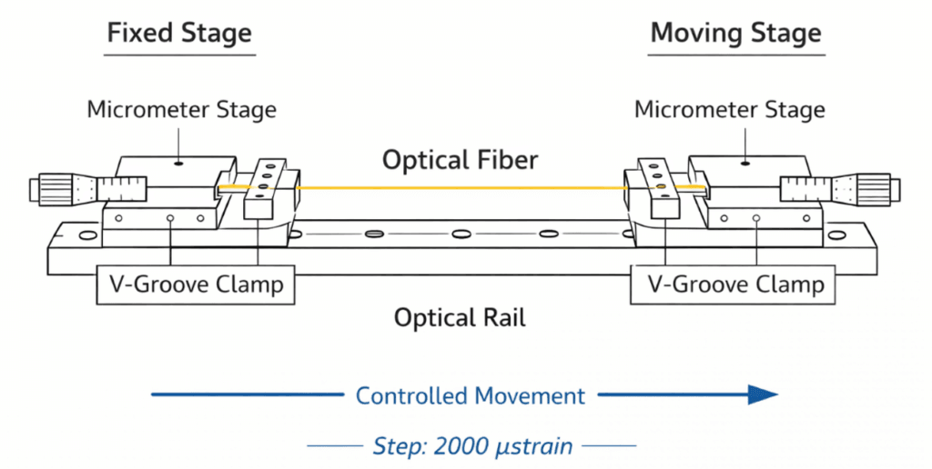 Tensile strength experimental setup for strain measurements with OFDR